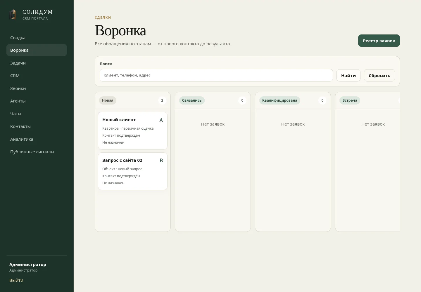Воронка обращений - интерфейс проекта